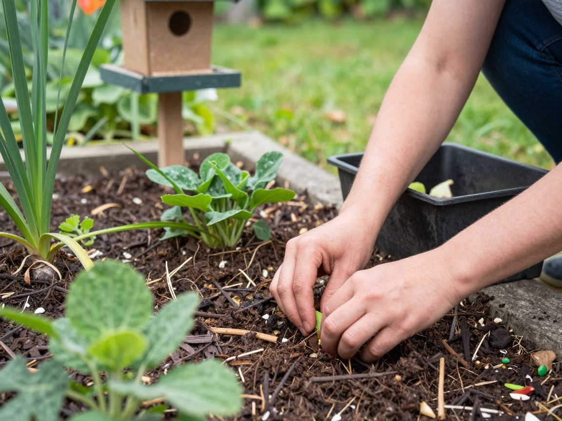 Nahaufnahme von Händen, die organischen Mulch um einheimische Pflanzen streuen; daneben steht ein Vogelhäuschen und ein Kompostbehälter für Küchenabfälle.