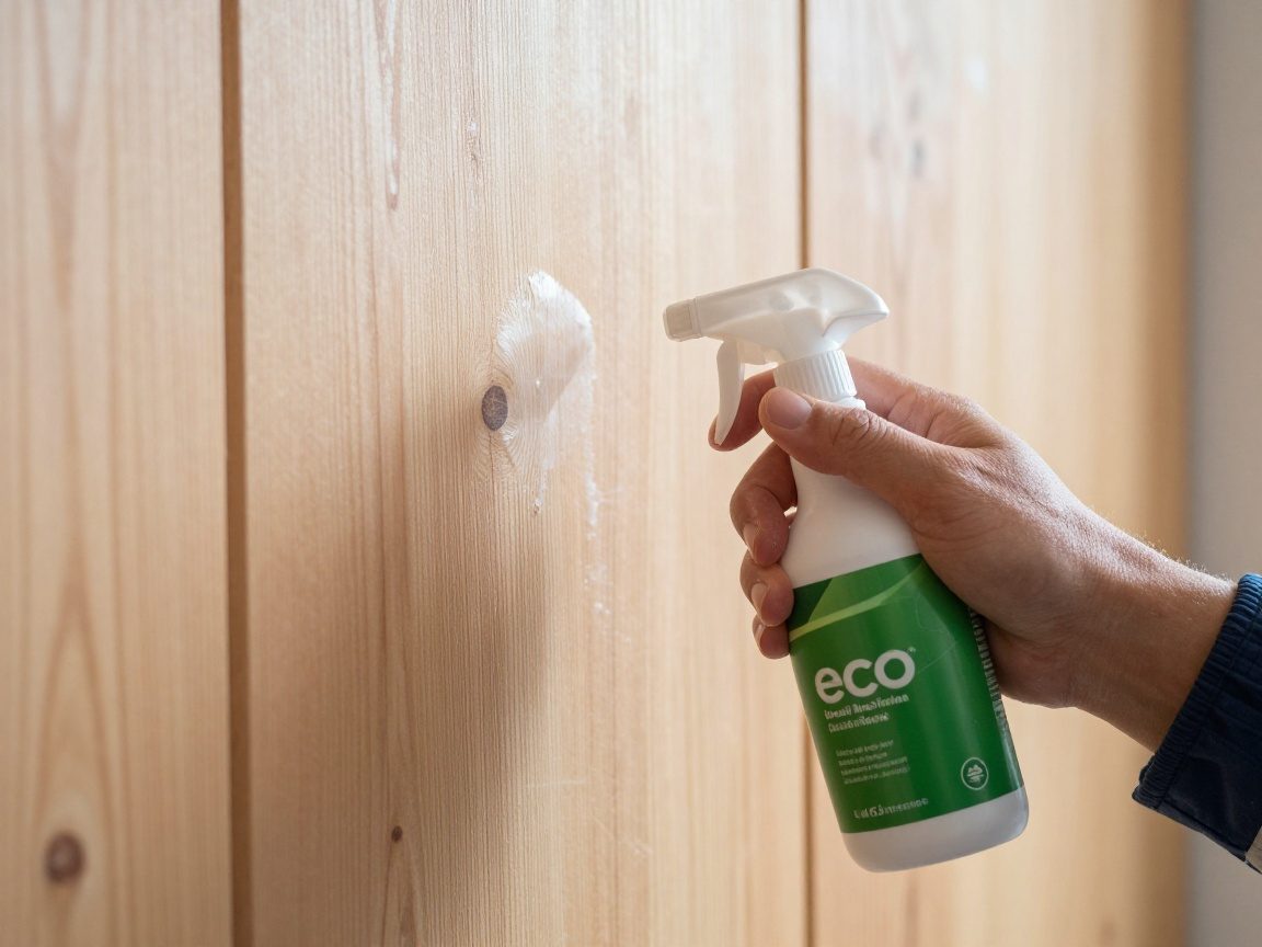 Nahaufnahme eines Gippers, der einen ökologischen Reinigungs-Spray auf eine Holzwand sprüht; die Düse und ein grünes Zertifikat sind sichtbar