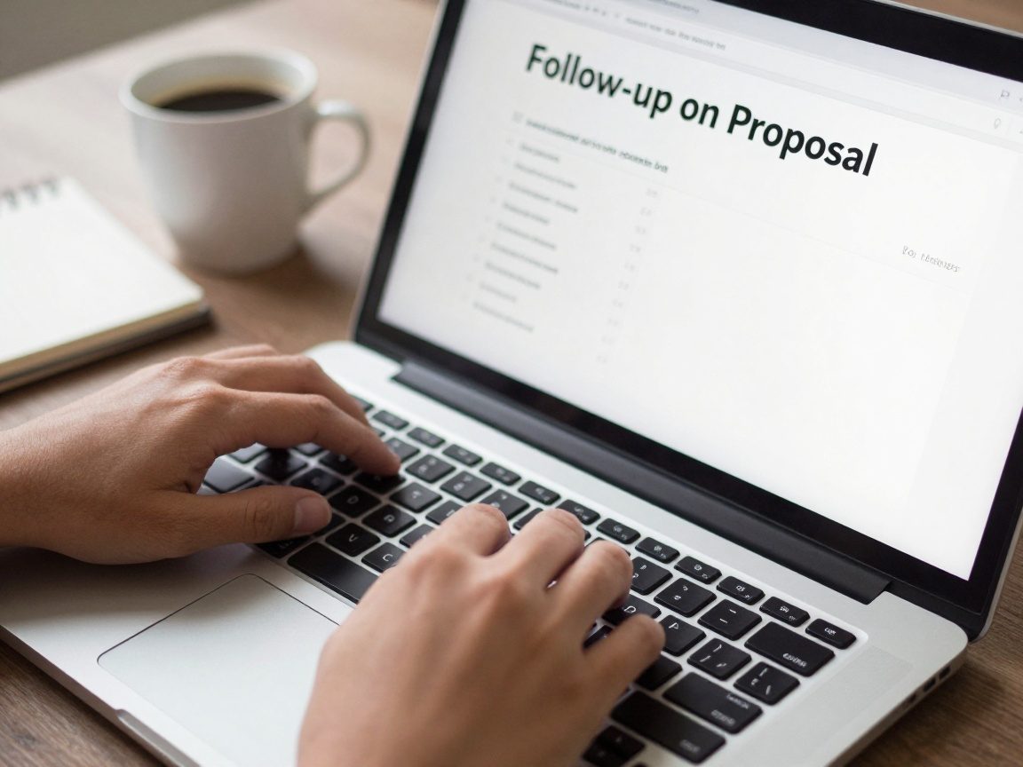 Nahaufnahme einer Hand, die auf einem Laptop-Tastatur tippt; Bild zeigt einen E‑Mail-Entwurf mit Betreff 'Follow-up on Proposal', daneben eine Tasse Kaffee und ein Notizbuch.