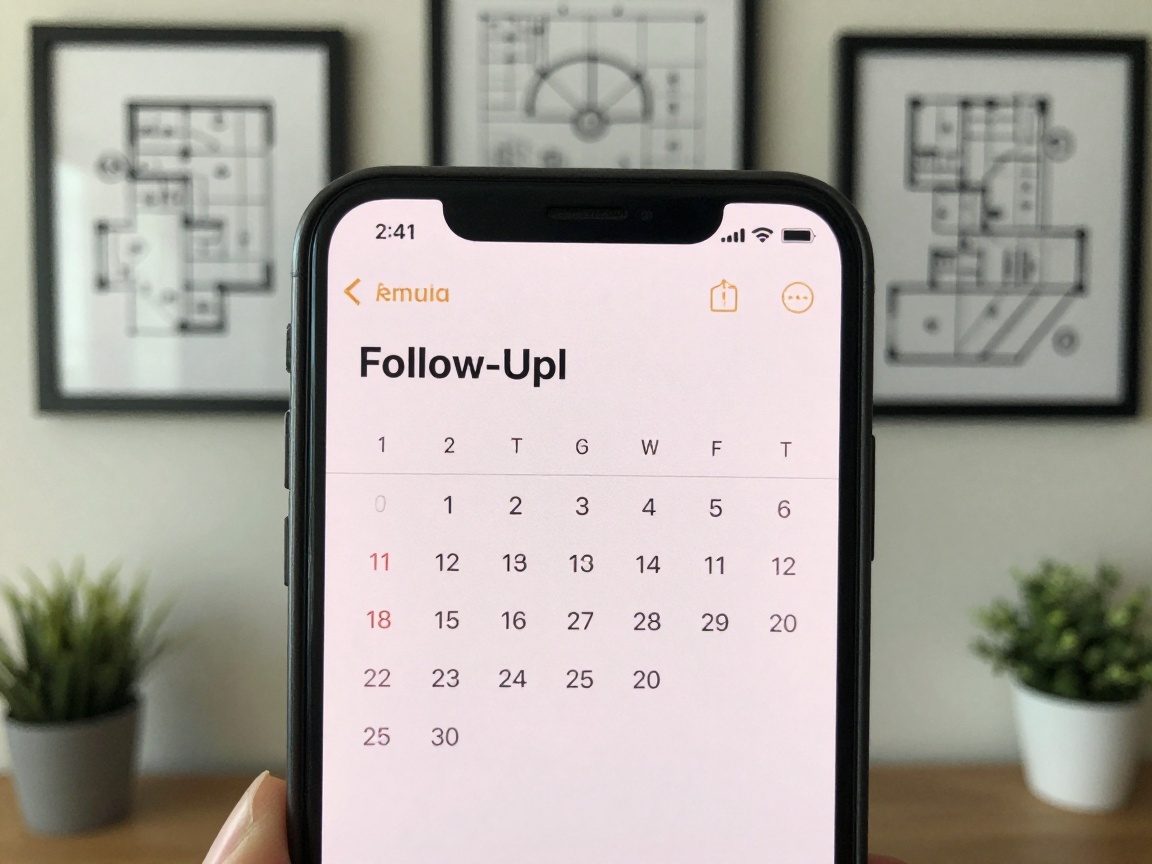 Nahaufnahme eines Smartphones mit Kalender-App, die einen Termin zur Nachverfolgung mit einem Kunden anzeigt; Hintergrund: Wand mit gerahmten Projektplänen und einer kleinen Pflanze
