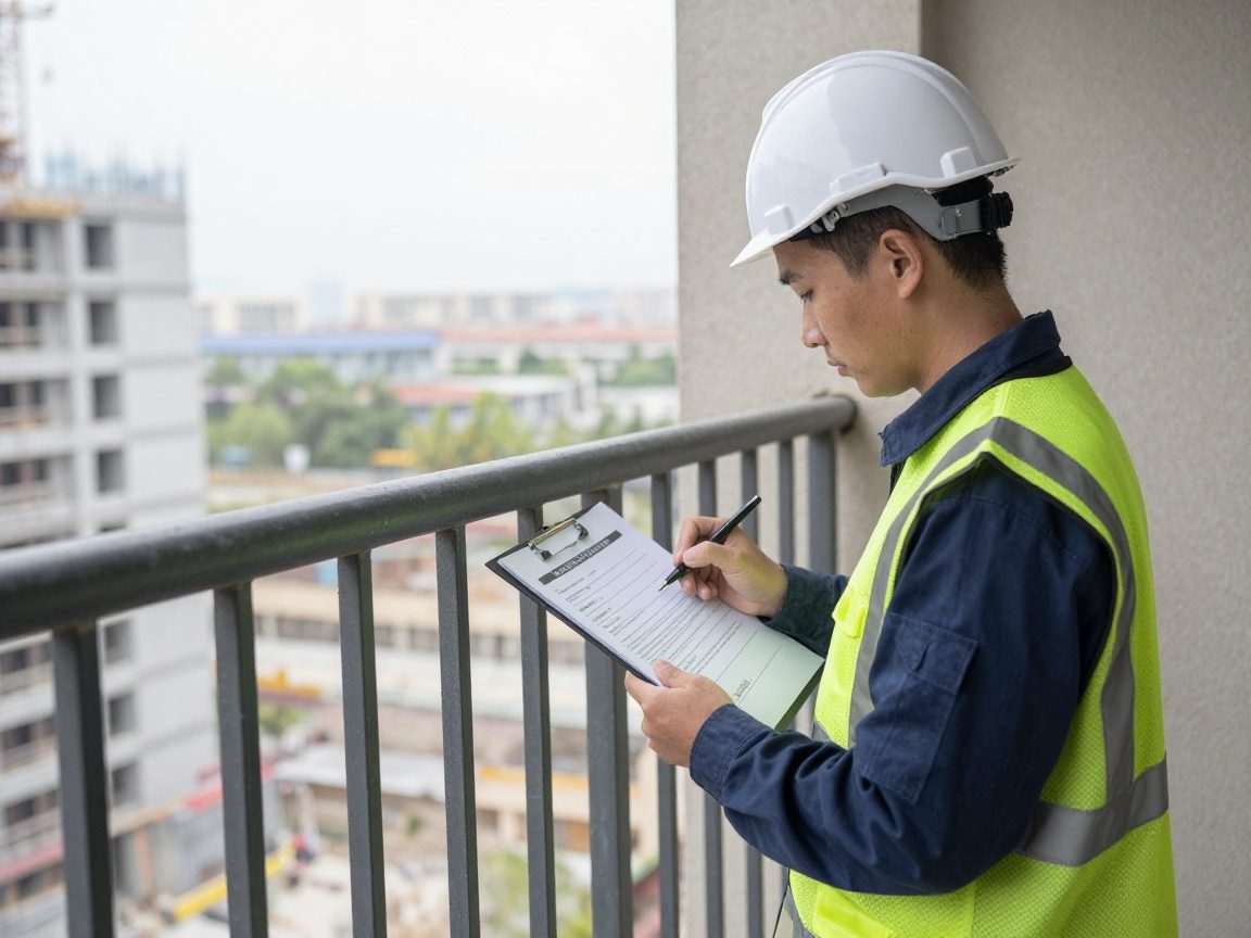 Ingenieur unterschreibt Zertifikat neben fertigem Geländer an Balkon, Baustelle im Hintergrund