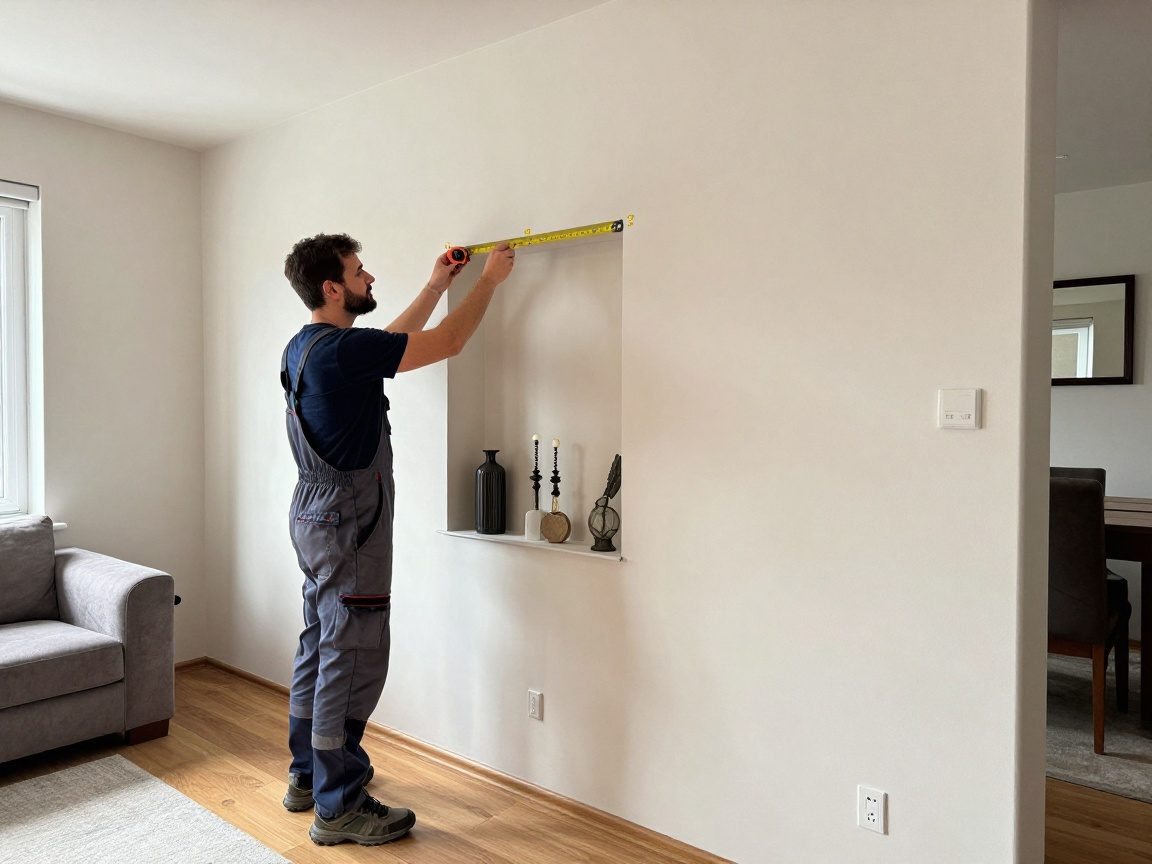 Techniker mit Maßband und Wasserwaage misst die Tiefe, Höhe und Breite einer Nische in einem Wohnzimmer
