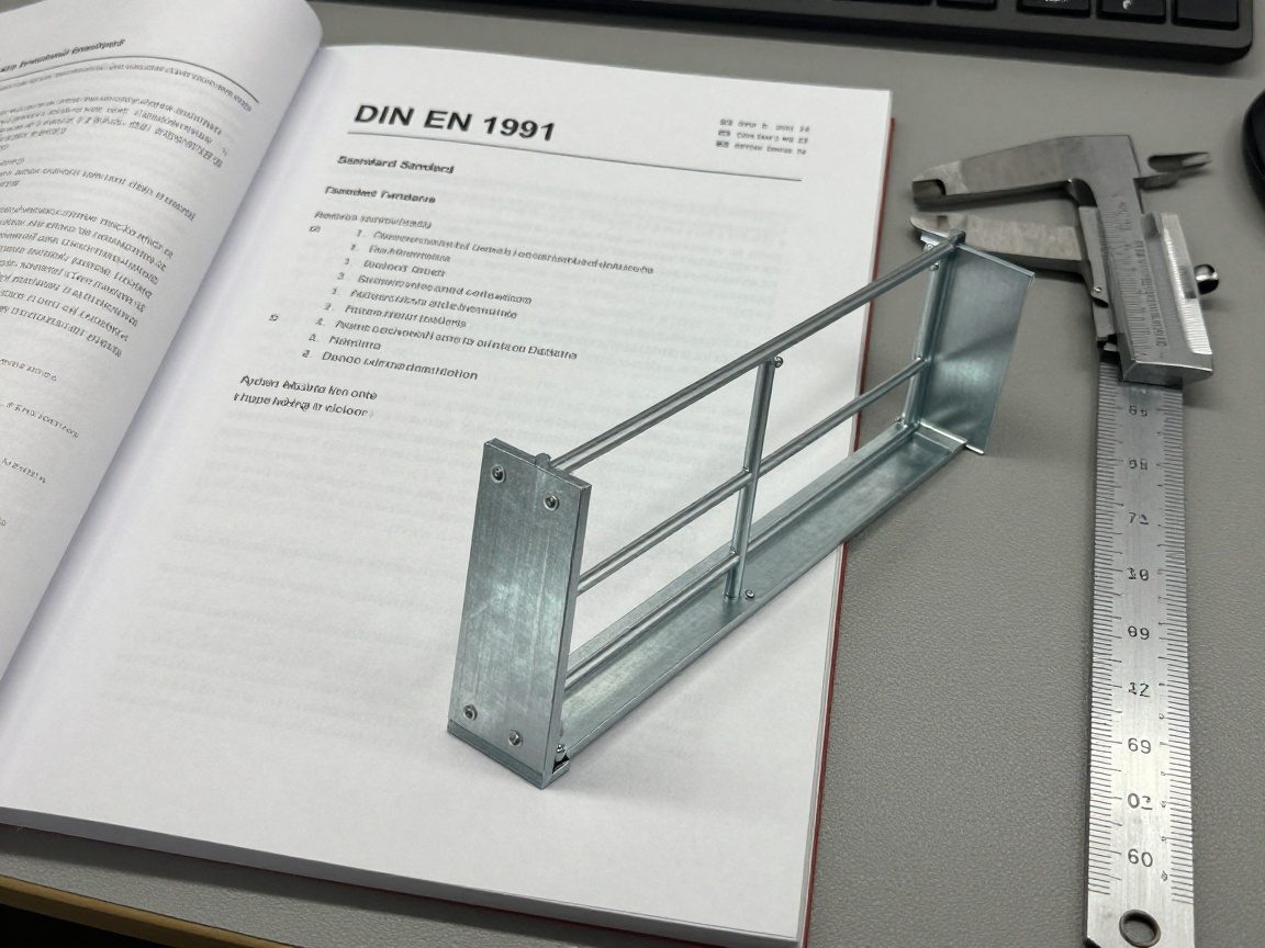 Detailaufnahme eines geöffneten DIN EN 1991 Standards mit Stahlgeländer-Prototyp auf einer Werkbank, Maßband und Schieblehre im Fokus