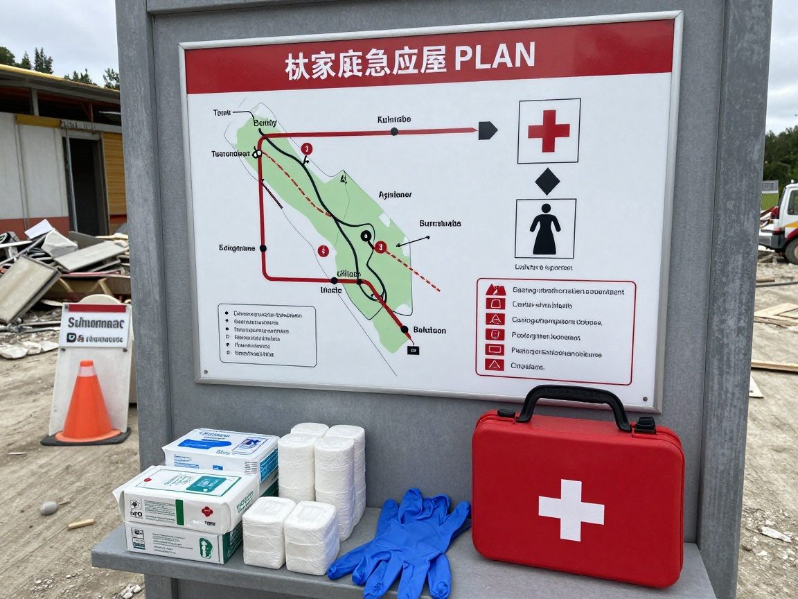 Notfallplan an der Wand mit Evakuierungswegen und Erste-Hilfe-Stationen, daneben ein vollständig bestücktes Erste-Hilfe-Kit auf einem deutschen Abbruchgelände
