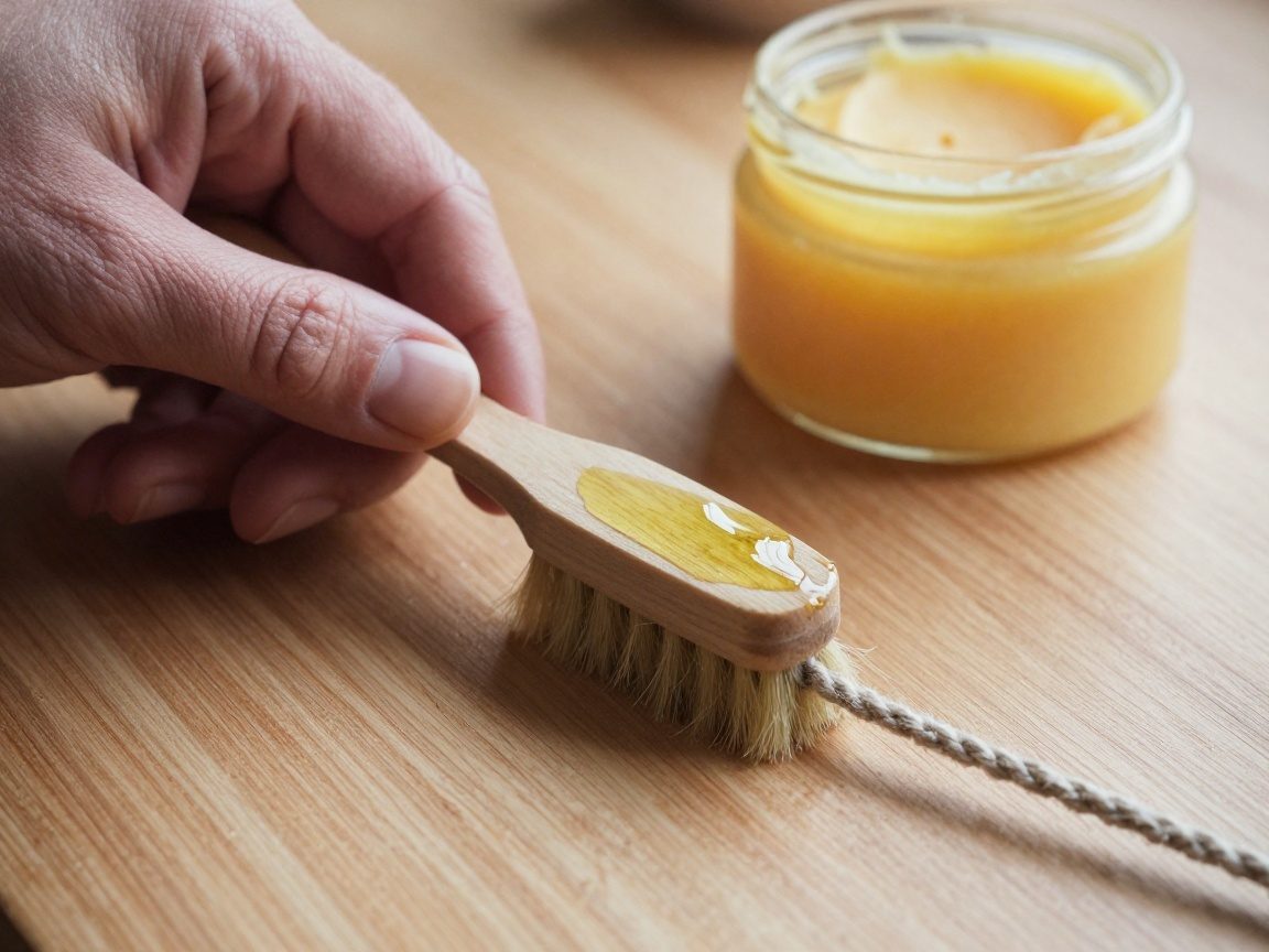Mann trägt dünne Schicht Naturöl auf ein Seil, während im Hintergrund eine Jar mit Bienenwachs steht – Fokus auf glänzende Fasern