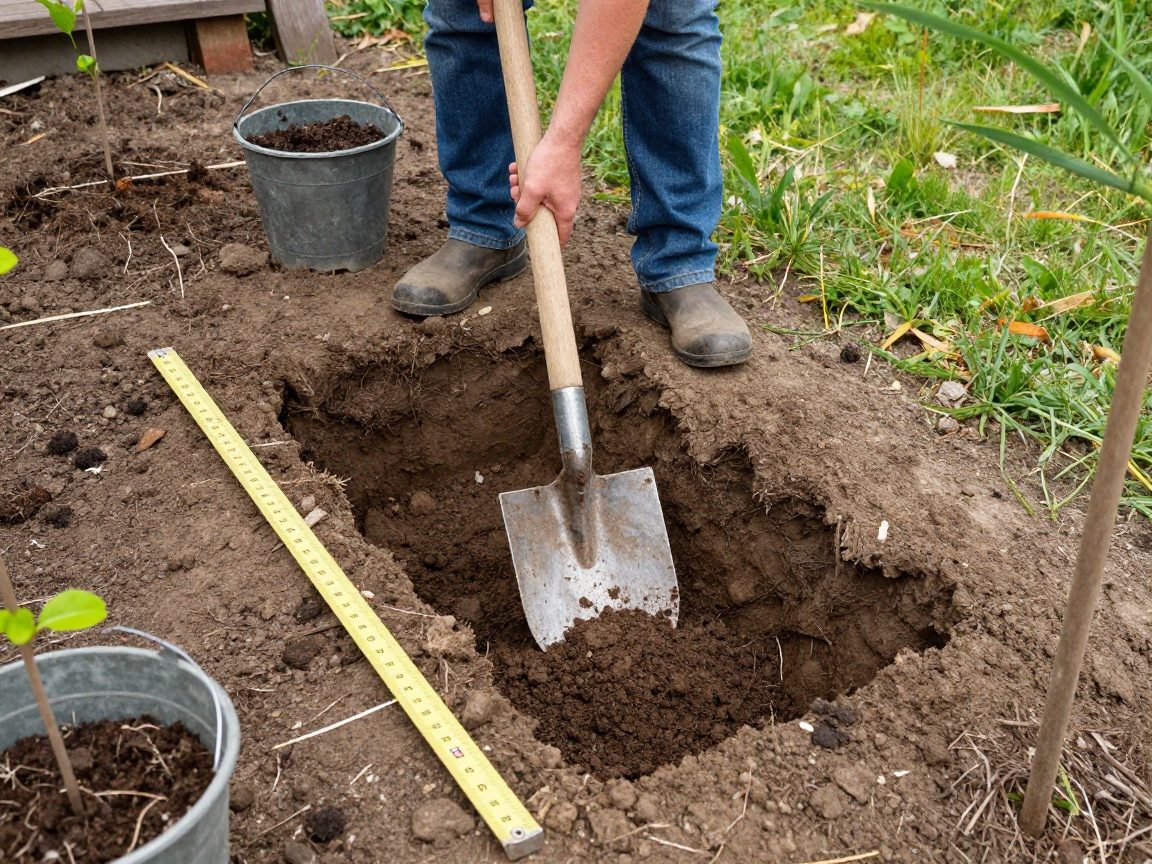 Ein Gärtner mit Spaten gräbt einen Loch für ein Baumsetzling in einem deutschen Garten, Messstab und Erde im Vordergrund