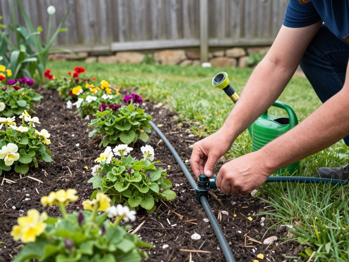Nahaufnahme eines Landschaftsgärtners, der ein Tropfbewässerungssystem in einem Blumenbeet anlegt – Schläuche verbinden sich mit einer Wasserquelle, daneben steht eine Gießkanne und ein Sprühkopf.