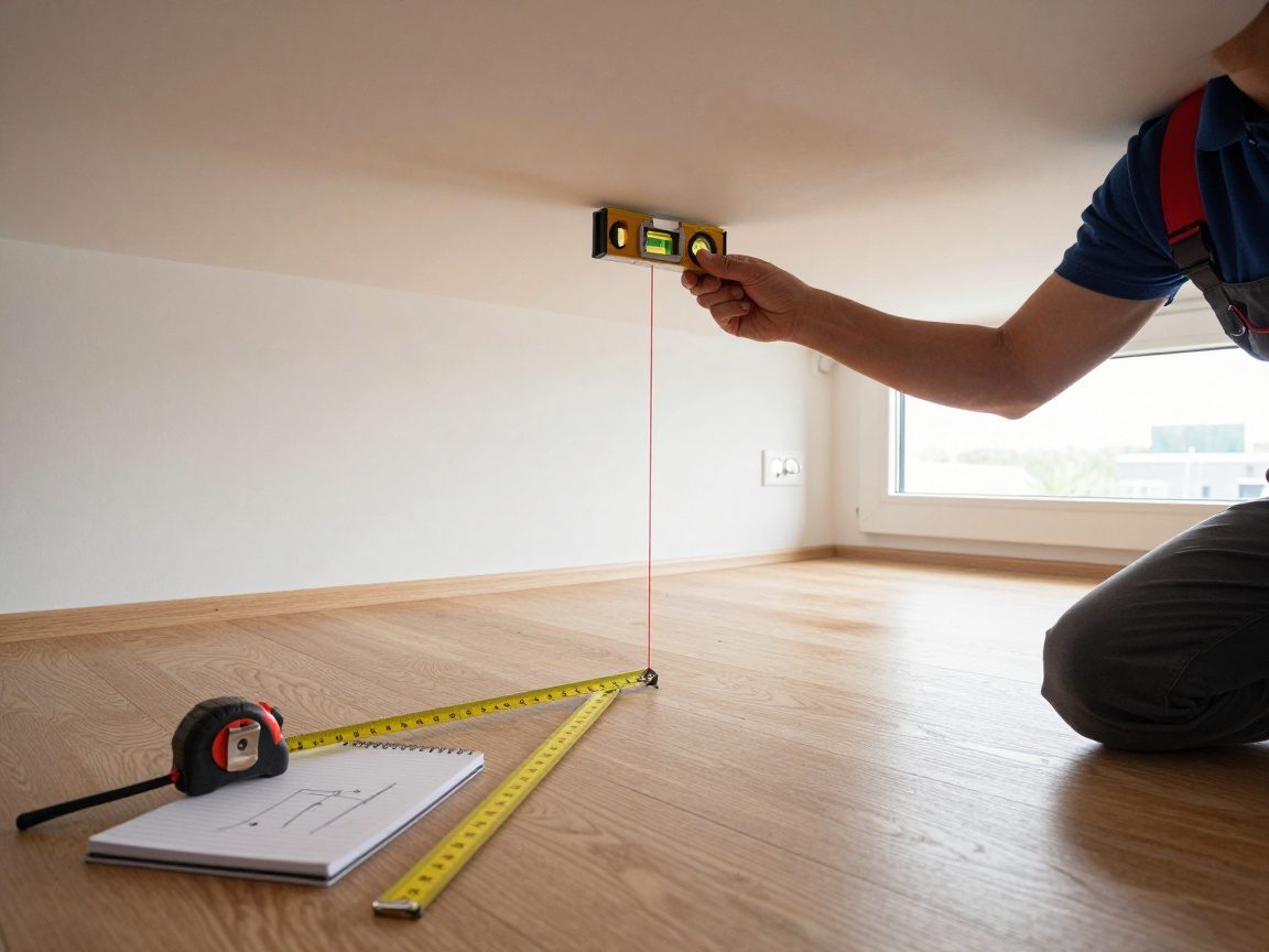 Ein Elektriker nutzt ein Laser-Level, um Löcher für Deckenleuchten in einem deutschen Büro zu markieren.