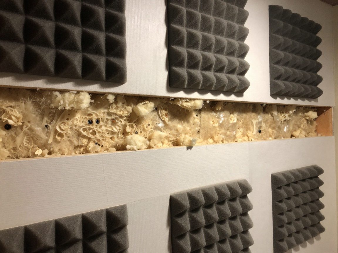 Wandabschnitt mit Gipskarton, Mineralwolle und Schallschutzschäumen, die von innen nach außen sichtbar sind