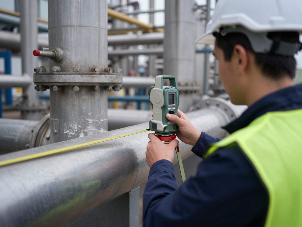 Ein Ingenieur in einer deutschen Raffinerie nutzt ein Lasermessgerät, um den Durchmesser von Rohren zu messen; digitaler Messwert ist sichtbar.