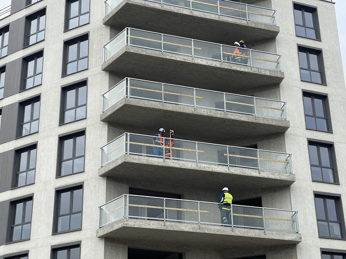 Balkonbau: Bauzeichnung und Detailplan Weitwinkelaufnahme eines modernen deutschen Wohngebäudes mit neuem Balkon im Aufbau – Stahlrahmen, Betonplatten, Arbeiter in Schutzkleidung messen Dimensionen