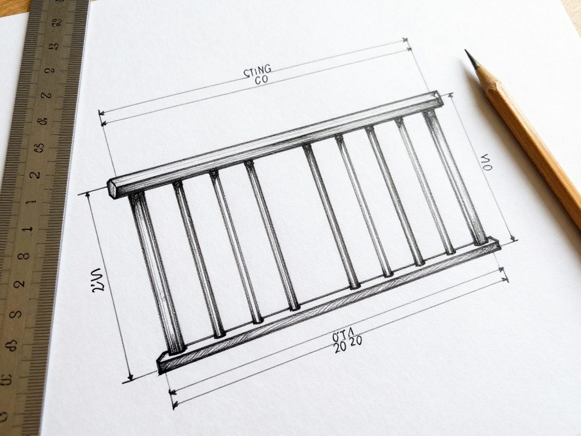 Detailansicht eines handgezeichneten Balkonrailing-Plans auf Papier mit genauen Maßen und Symbolen für Holz und Stahl, daneben Lineal und Bleistift