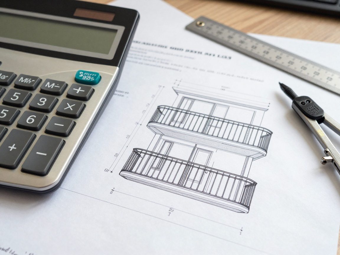 Nahaufnahme eines Rechners, Skizzen und einer strukturellen Analyse für einen Balkon in einem Büro