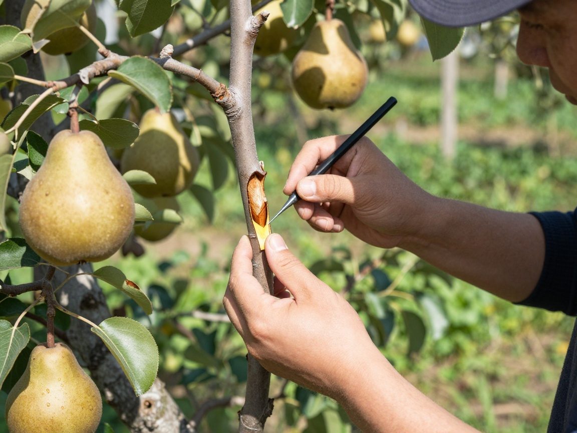 Gärtner führt einen Augenpfropf bei einem Birnbaum durch: T-förmiger Schnitt und Pfropfschnitt werden in die Rinde eingesetzt
