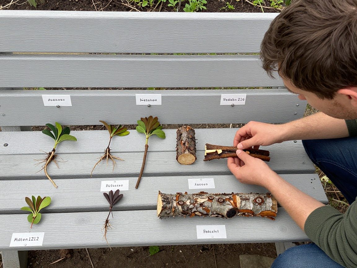 Überblick über eine Baumschulbank mit verschiedenen Rootstocks, die beschriftet sind; ein Gärtner prüft die Rinde auf Gesundheit bei natürlichem Licht.