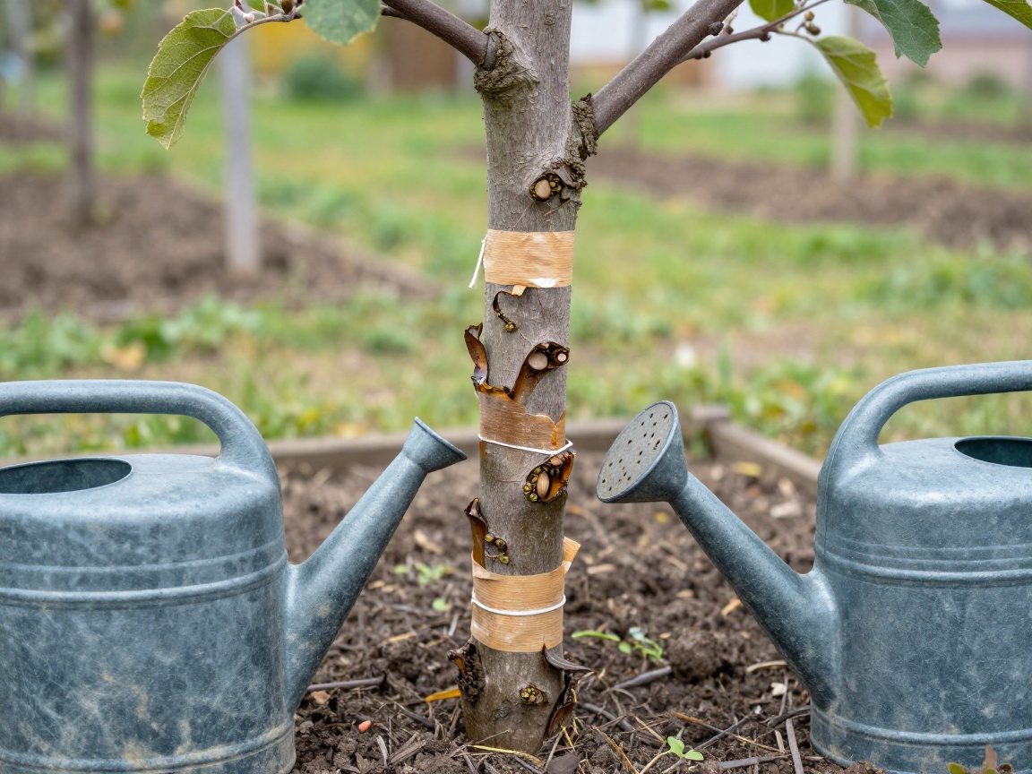 Nahaufnahme eines veredelten Apfelbaumstamms mit Schutzband und daneben einer Gießkanne in einem deutschen Garten