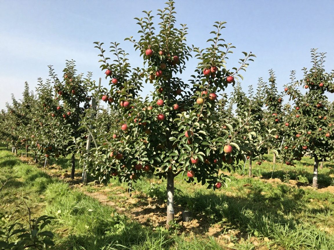 Mächtiger, veredelter Apfelbaum mit reifen Früchten in einem gleichmäßigen Obstgarten unter klarem Himmel