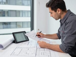 Ein deutscher Bausanierer prüft digitale Schadensberichte und zeichnet ein Protokoll auf einem Tablet, während Wasserflecken an einer Gebäudewand sichtbar sind.