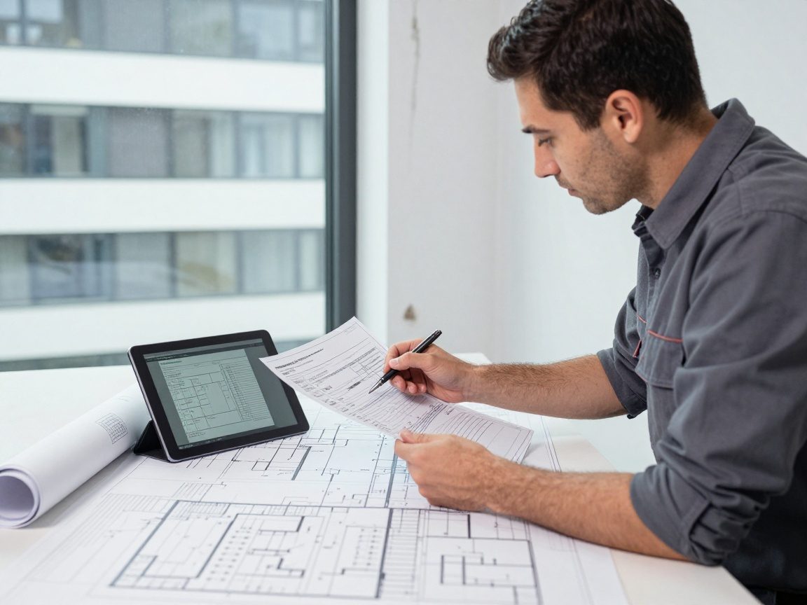 Ein deutscher Bausanierer prüft digitale Schadensberichte und zeichnet ein Protokoll auf einem Tablet, während Wasserflecken an einer Gebäudewand sichtbar sind.