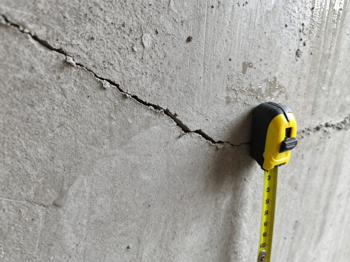 Nahaufnahme einer Betonwand mit sichtbarem Riss und feuchten Flecken; daneben ein Maßband zur Größenangabe