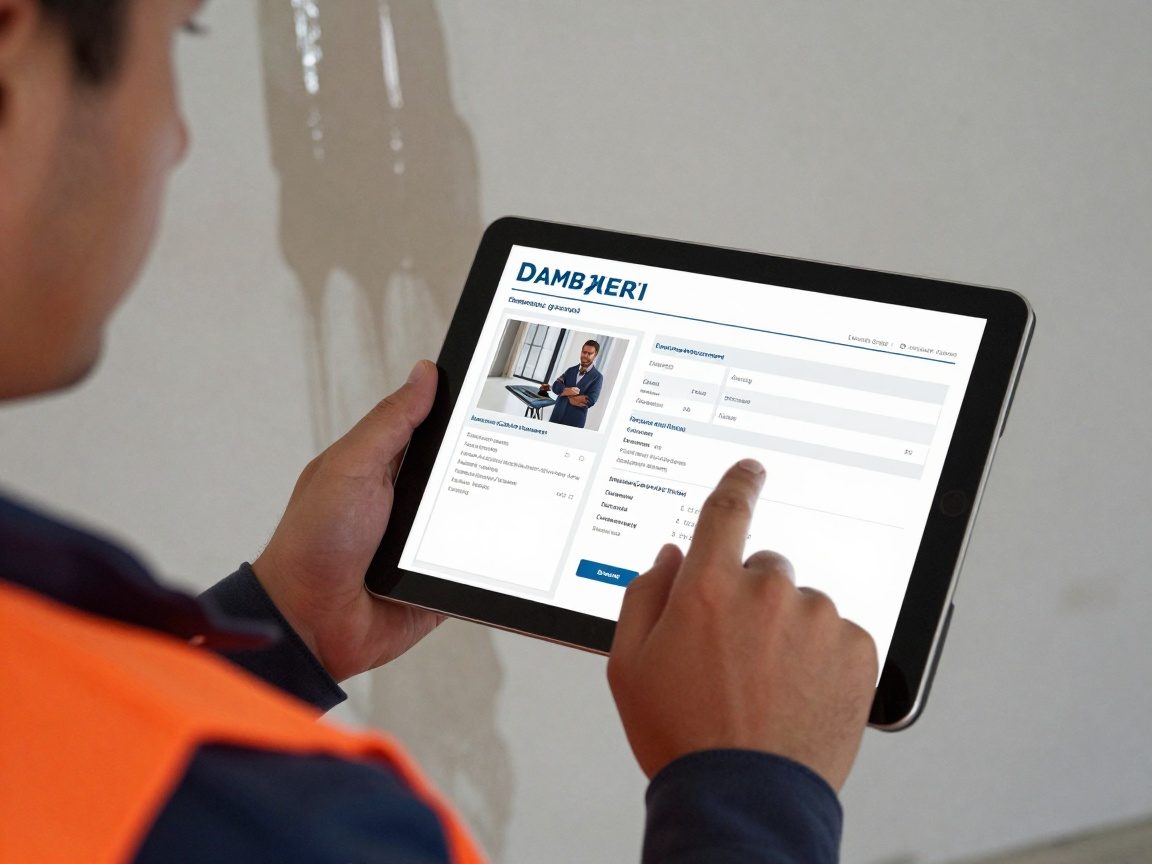 Ein Bausanierer hält ein iPad in der Hand, auf dem ein Schadensprotokoll zu sehen ist, während er Fotos und Notizen an einer teilweise freiliegenden Wand mit Wasserschäden zeigt.