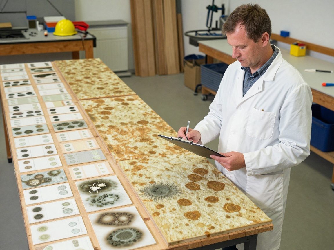 Deutscher Bauexperte in Laboranzug steht neben einem Tisch mit zerstörter Dämmprobe und Schimmelabstrichen, hält ein Protokollblatt