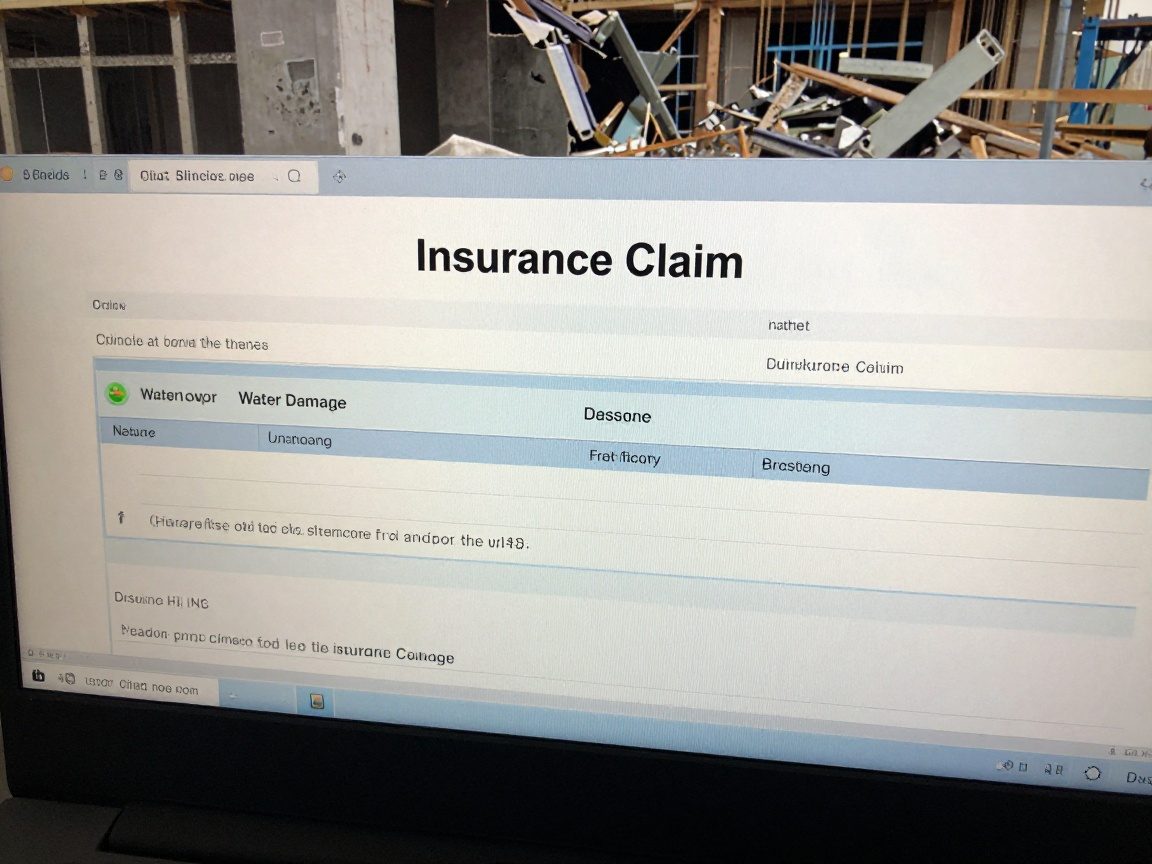 Nahaufnahme eines Computerscreens mit ausgefülltem Schadensformular für Wasserschäden, Hintergrund Baustelle mit sichtbarem Schaden