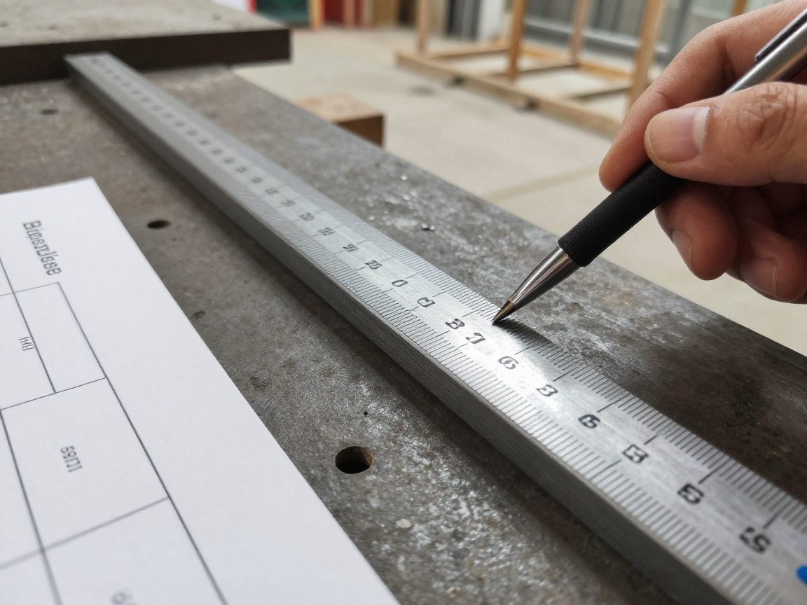 Nahaufnahme einer Stahlstange auf einem Werkbanktisch mit Hand, die ein Lineal hält; daneben liegt eine gedruckte Biegeliste mit genauen Messungen