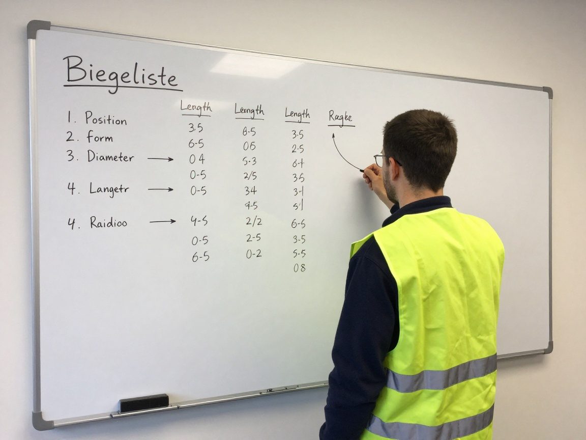 Arbeiter in Sicherheitsweste steht neben Whiteboard mit handschriftlicher Biegeliste, die Position, Form, Durchmesser, Länge, Winkel und Biegeradius zeigt