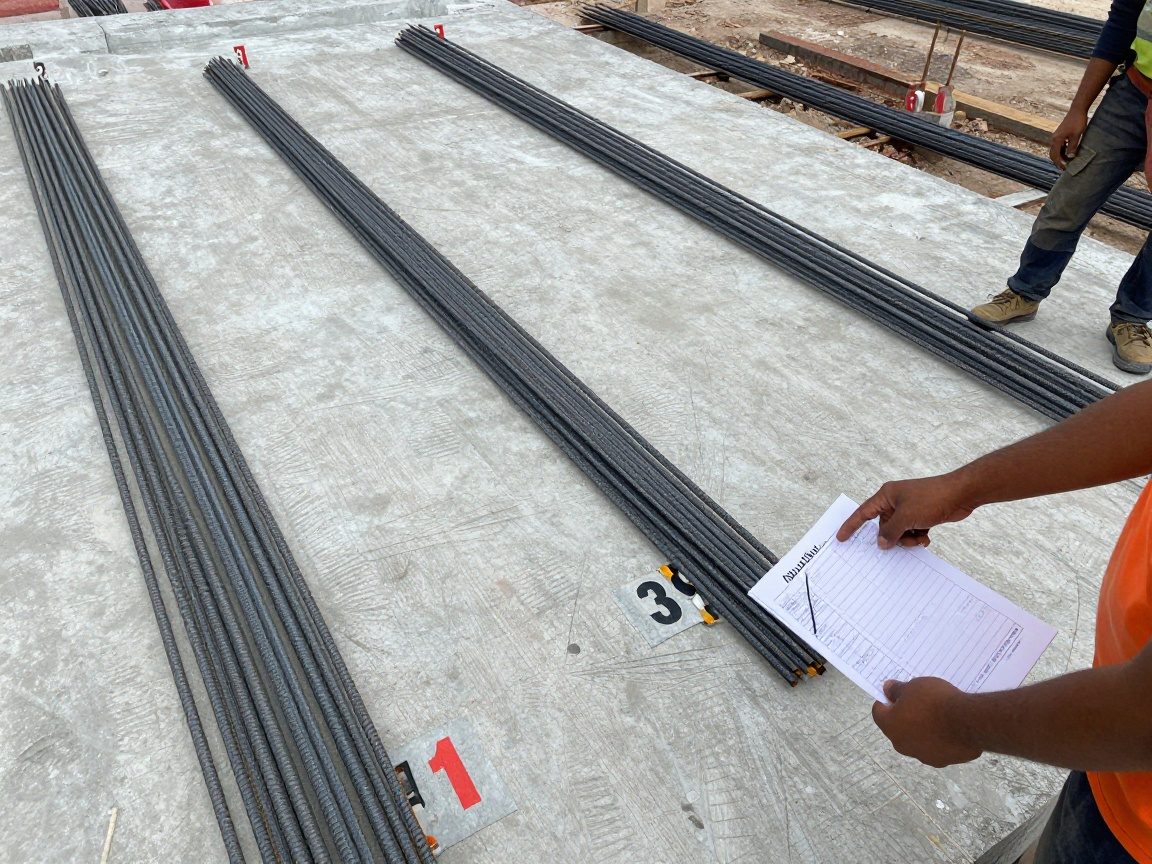 Ablaufliste in der Hand eines Stahlarmierers, während ein Kollege die passende Bewehrungsstange platziert – nummerierte Marker betonen Reihenfolge