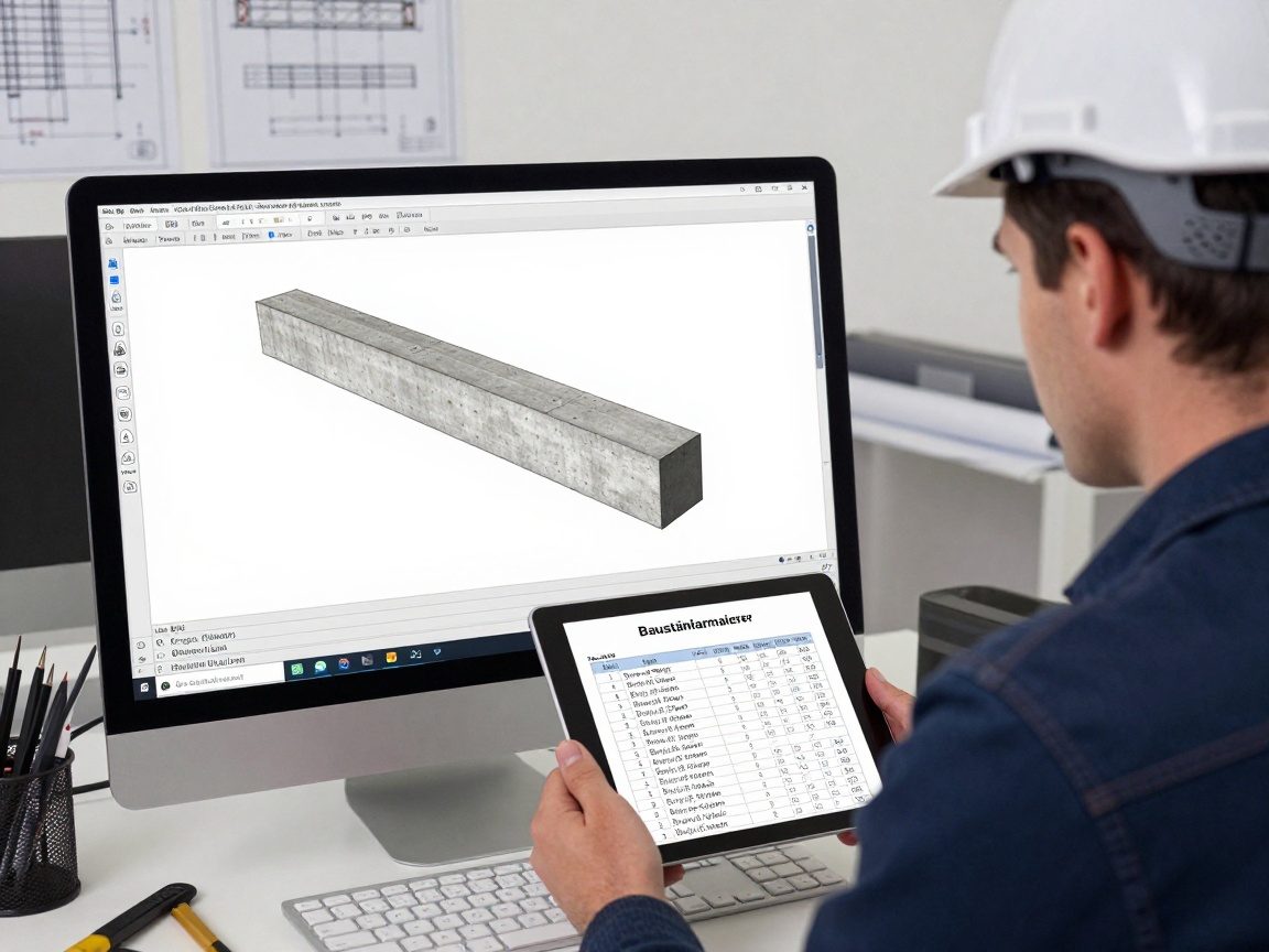 Baustahlarmierer in Schutzhelm blickt auf einen Computerbildschirm mit BIM-Modell und generierten Biegelisten sowie Ablauflisten, während er ein Tablet hält
