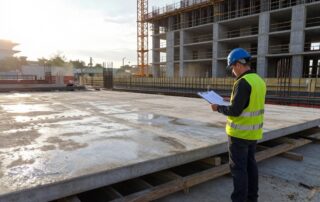 Ein Stahlarbeiter steht auf einer Baustelle mit einem Blatt Plan vor einer großen Betonplatte und sichtbarem Stahlarmierungsmaterial, während Kran und Gerüst im Hintergrund zu sehen sind.