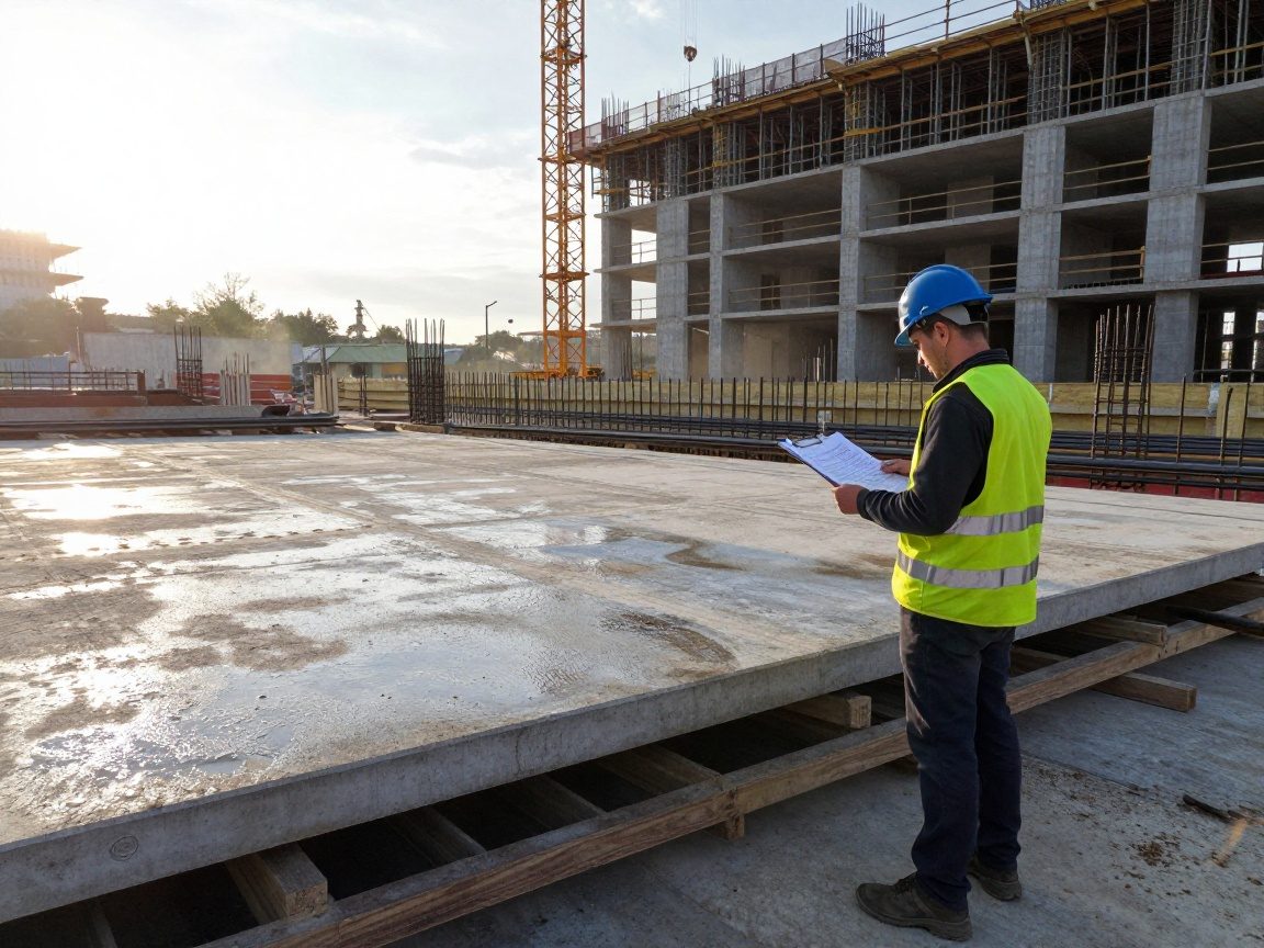Ein Stahlarbeiter steht auf einer Baustelle mit einem Blatt Plan vor einer großen Betonplatte und sichtbarem Stahlarmierungsmaterial, während Kran und Gerüst im Hintergrund zu sehen sind.