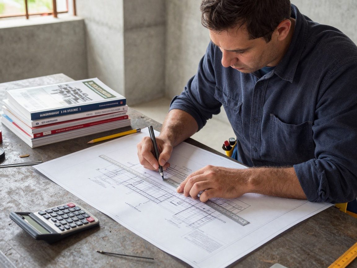 Ein Stahlarbeiter sitzt an einem Werkbank, prüft ein Bauplan mit Lineal und Stift, während Bücher und ein Taschenrechner auf dem Tisch liegen.