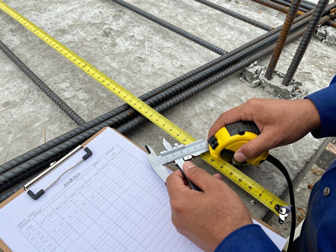 Detailaufnahme eines Stahlbauarbeiters, der mit Maßband und Messschieber die Länge einer gewellten Bewehrungsstäbe abmisst.