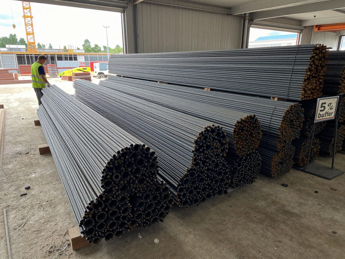 Sicherheitshelfer legt Stahlstäbe in ein Lager auf einer Baustelle, mit Schildern für 5 % Reserve