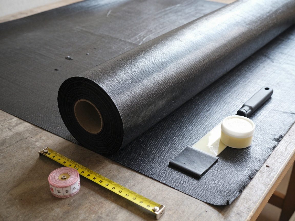 Detailaufnahme einer aufgewickelten Bitumenmembran mit Messband und Klebstoffspender auf einer Werkbank – Textur der Membran sichtbar