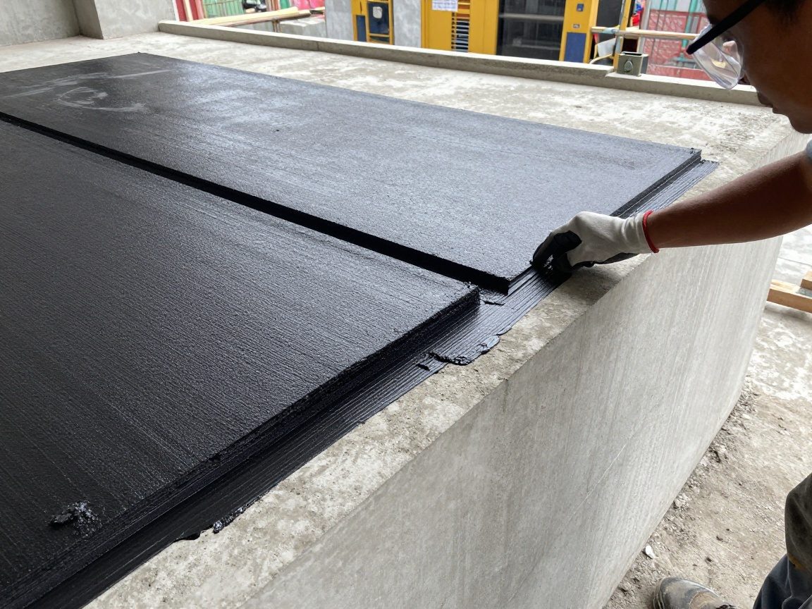 Zwei überlappende bitumatische Folien werden von einem geschützten Arbeiter mit Handschuhen und Schutzbrille auf eine Betonwand geklebt, sichtbarer Kleber im Überlappungsbereich