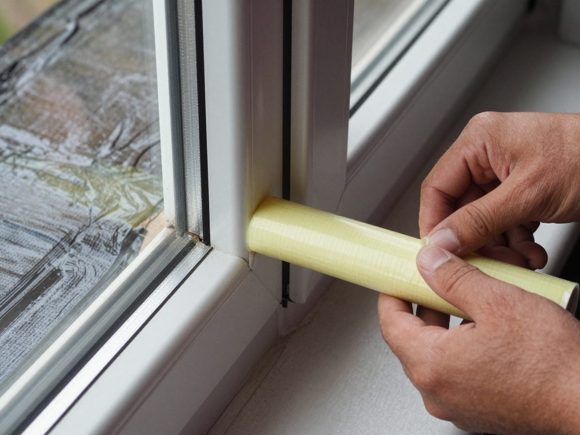 Hand eines Handwerkers verlegt Dichtungsband und Silikon an einer Fensteraussparung, um seitlich eindringende Feuchtigkeit zu verhindern.