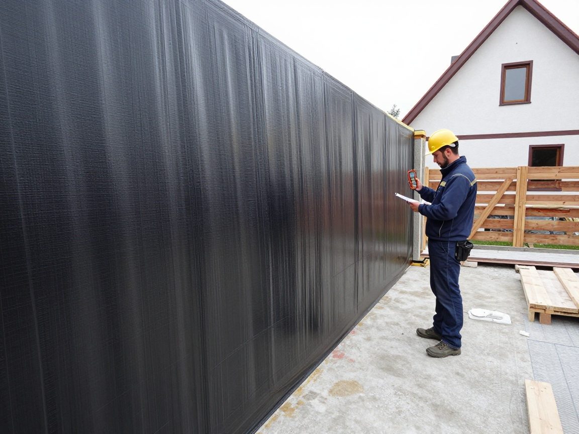 Bauinspektor prüft mit Feuchtigkeitsmessgerät eine fertig installierte Vertikalsperre an der Wand eines deutschen Hauses