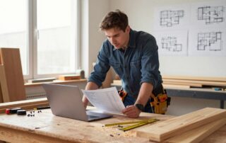 Deutscher Bautischler in einer Werkstatt, umgeben von Holzplanken, Schrauben und Messwerkzeugen, blickt konzentriert auf einen Laptop mit detaillierter Materialliste