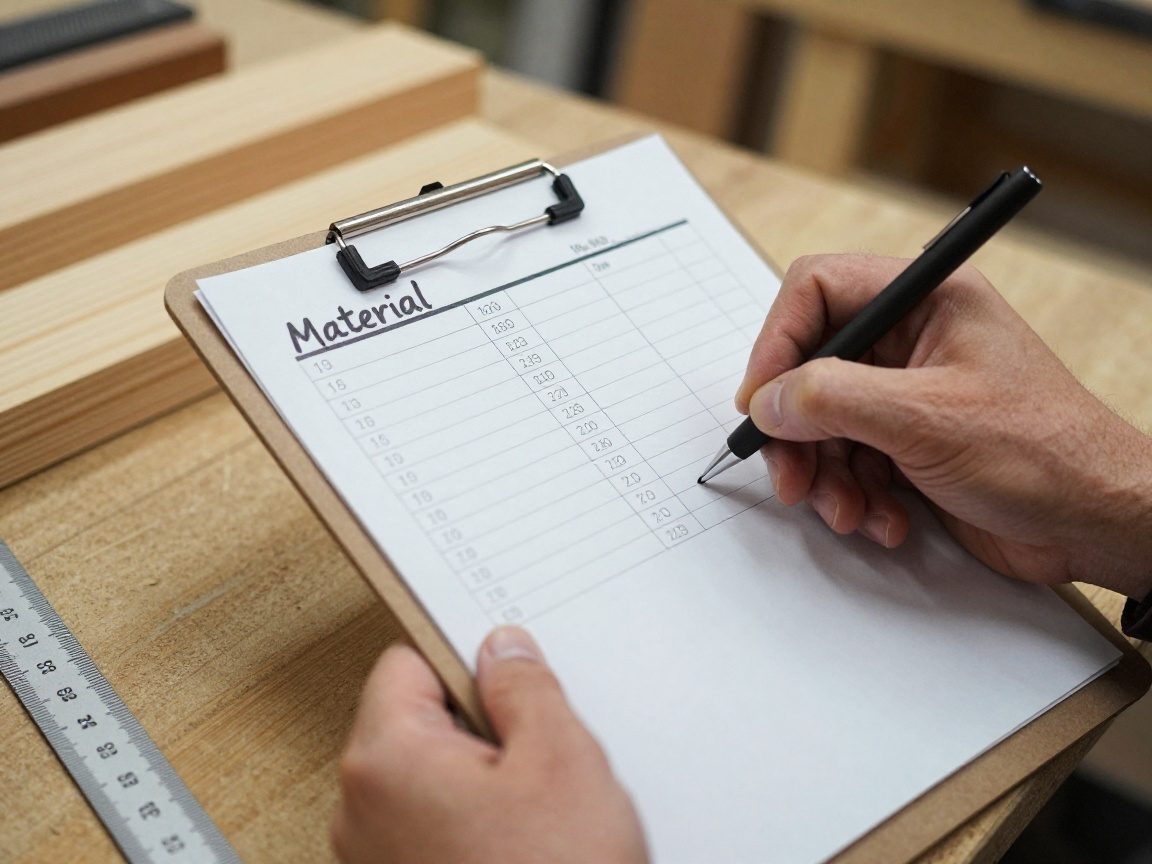 Nahaufnahme von Händen, die eine Materialliste auf einem Clipboard in einer Tischlerei schreiben – Spalten für Artikel, Menge, Abmessungen und Notizen.