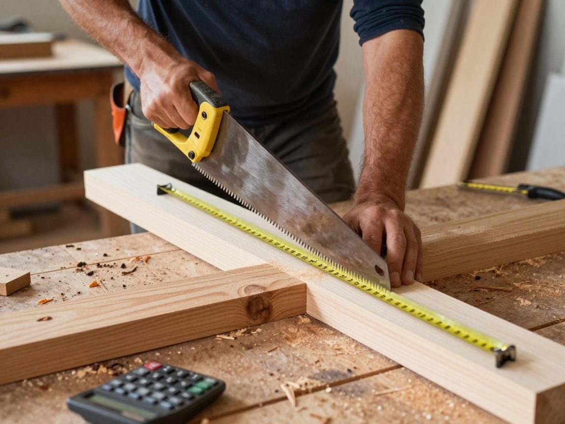 Ein Bautischler schneidet ein Stück Holz mit einer Säge, während er die Länge an einem Maßband abliest. Im Hintergrund liegen Holzreste und ein Taschenrechner.