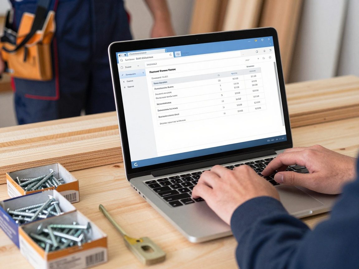Handwerker am Laptop, der ein Bestellformular für Holz und Schrauben ausfüllt – im Vordergrund liegen Schraubenkisten und ein Brett