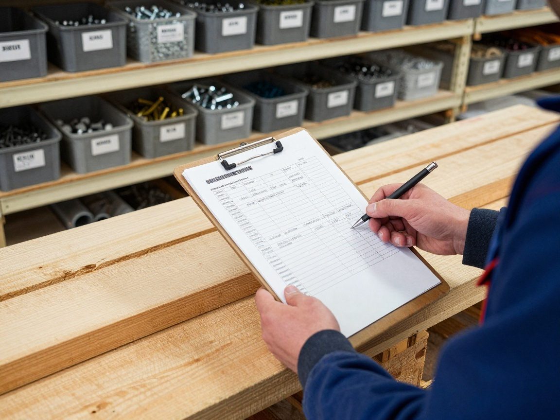 Ein Bautischler vergleicht einen Lieferschein mit einer Palette aus Holz in einem Lagerraum, während er ein Clipboard mit der Bestellliste hält.