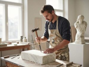 Ein Bildhauer mittleren Alters in einem deutschen Atelier, trägt einen verfleckteten Kittel, hält Meißel und Hammer und arbeitet an einer Marmorsäule unter natürlichem Licht