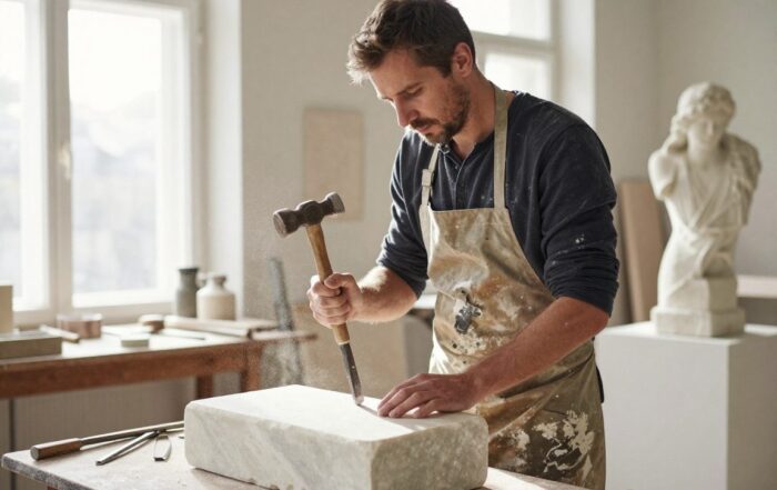 Ein Bildhauer mittleren Alters in einem deutschen Atelier, trägt einen verfleckteten Kittel, hält Meißel und Hammer und arbeitet an einer Marmorsäule unter natürlichem Licht