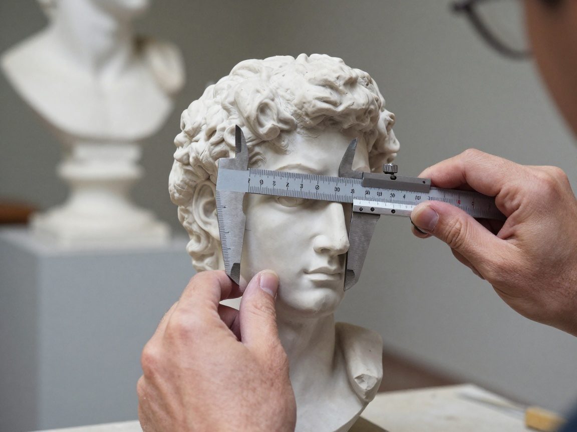 Sculptor’s hand with caliper measuring clay head model beside 1:10 ruler, marble statue backdrop