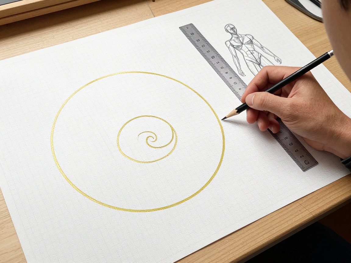 Überkopfansicht eines Zeichenstuhls mit Goldenen-Querschnitts-Spirale auf Graphpapier, daneben Skizzen einer menschlichen Figur; Künstler hält Bleistift und Lineal