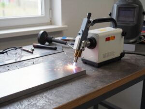 Moderne industrielle Plasma-Schneidemaschine auf einer Werkbank, die ein Stahlblech mit leuchtendem Plasma-Arc schneidet, umgeben von Messwerkzeugen und Schutzbrille